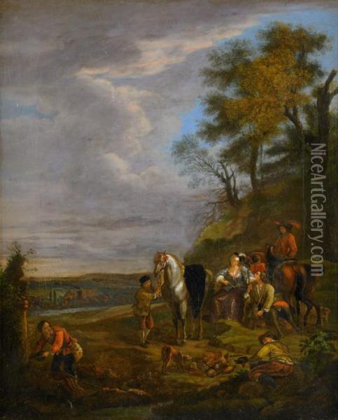 Landskap Med Jaktsallskap Oil Painting - Carel van Falens or Valens