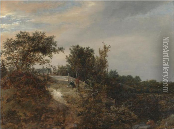 A Landscape With Two Figures On A Rise And A Stream At Right Oil Painting - Jacob Van Ruisdael