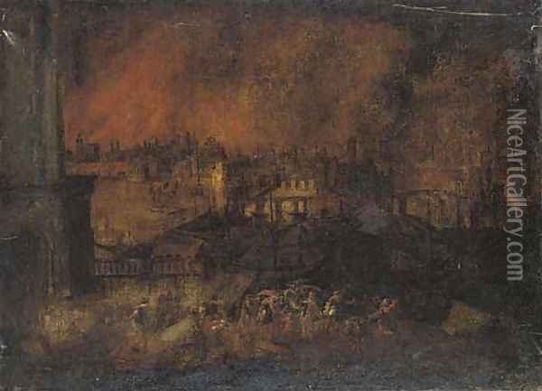 Aeneas rescuing his father Anchises from the burning city of Troy Oil Painting - Frederik Valckenborch
