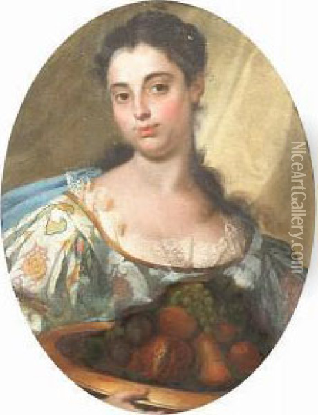 A Young Woman Holding A Platter Of Fruit Oil Painting - Marco Benefial