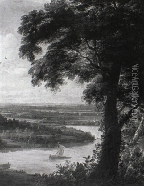 Extensive River Landscape With Barges And A Village Beyond Oil Painting - Jacques d' Arthois