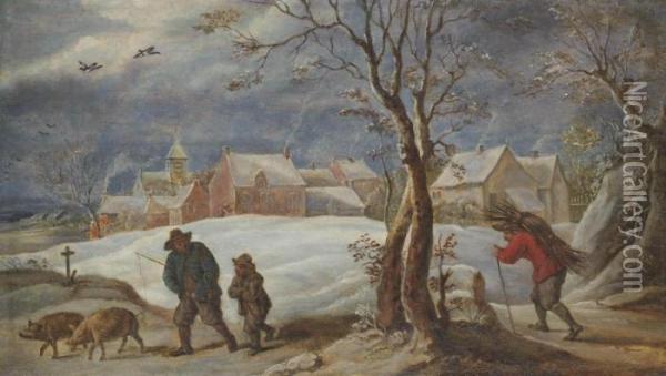 A Winter Landscape With Peasants On A Track Oil Painting - David The Younger Teniers
