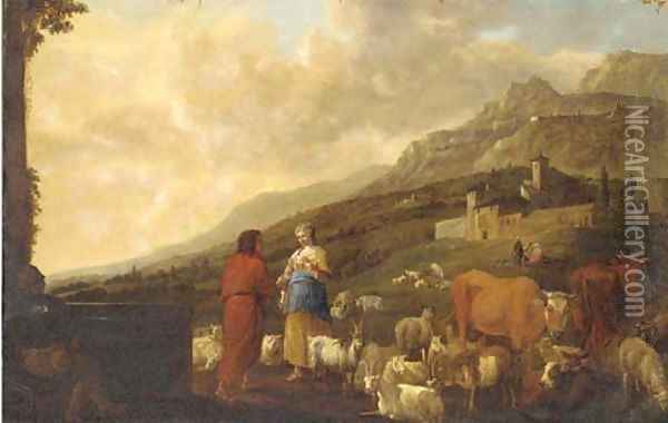 A shepherd and shepherdess with cattle, sheep and goats in a landscape, a village beyond Oil Painting - Anthonie Goubau