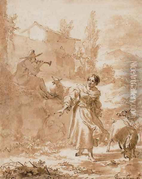 Une bergere avec son troupeau, un homme jouant de la flate sur un rocher Oil Painting - Nicolaes Berchem