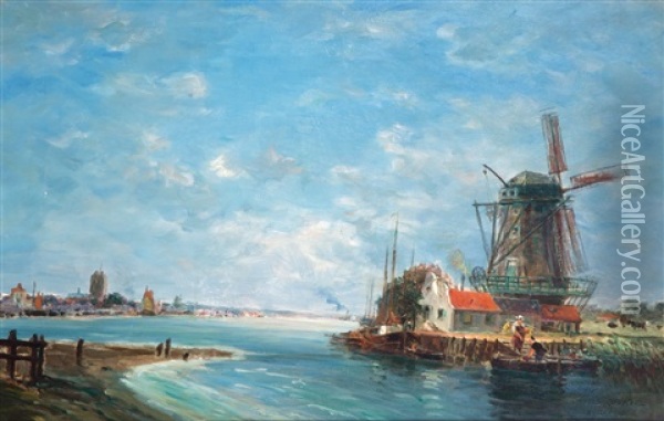 Molen Aan De Maas Bij Dordrecht / 'moulin Sur La Meuse, Dordrecht (hollande) Oil Painting - Gaston Marie Anatole Roullet