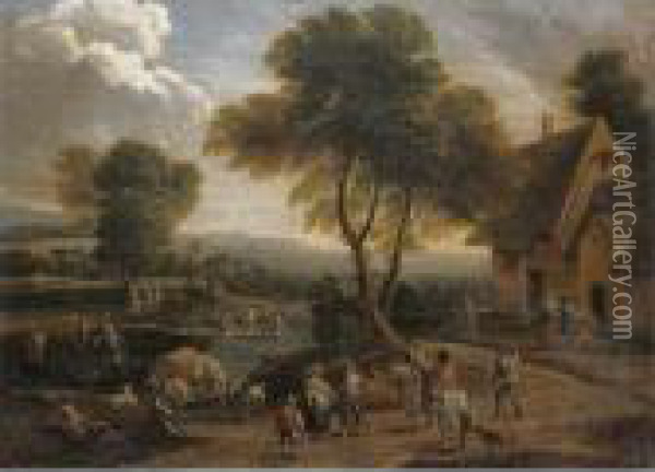 A River Landscape With Figures And Cavaliers In The Forground Before A Cottage Oil Painting - Peeter Bout