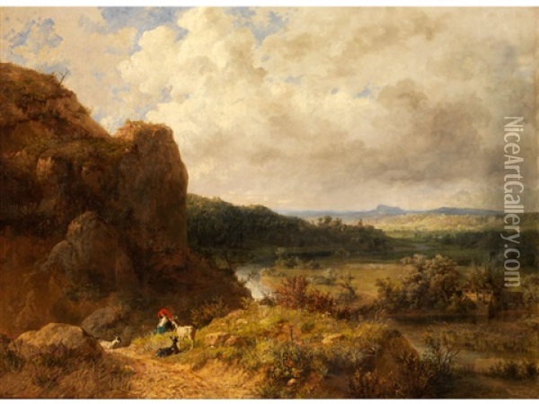 Blick In Eine Landschaft Mit Jungen Ziegenhirten Im Vordergrund Oil Painting - Eduard Heinel