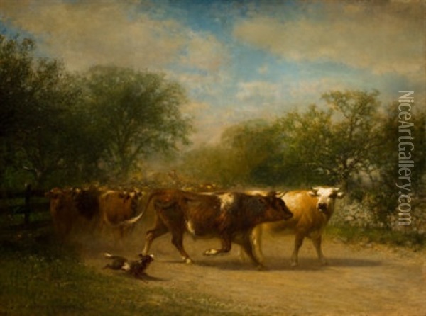 A Herd Of Cattle Along A Country Road Oil Painting - James McDougal Hart