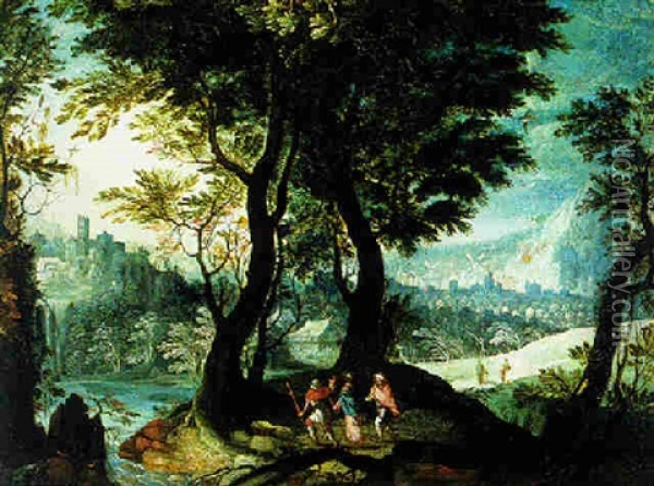 Bewaldete, Gebirgige Fluslandschaft Mit Emmausgangern Oil Painting - Mattheus Bril the Younger