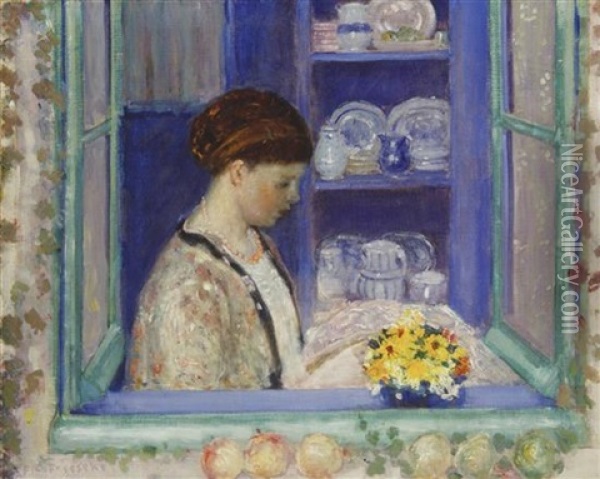 Mrs. Frieseke At The Kitchen Window Oil Painting - Frederick Carl Frieseke