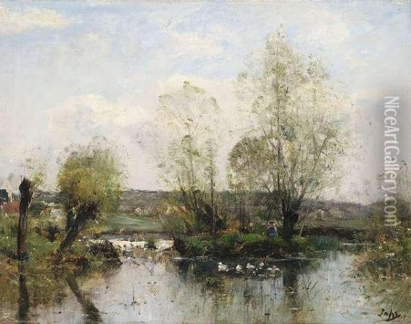 Summery Landscapewith A Pond. Oil Painting - Louis-Aime Japy