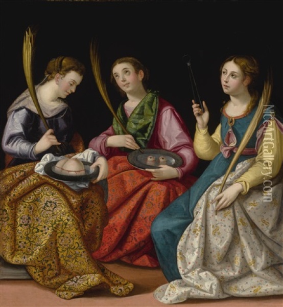 Saints Agatha, Lucy And Apollonia Oil Painting - Francisco De Zurbaran
