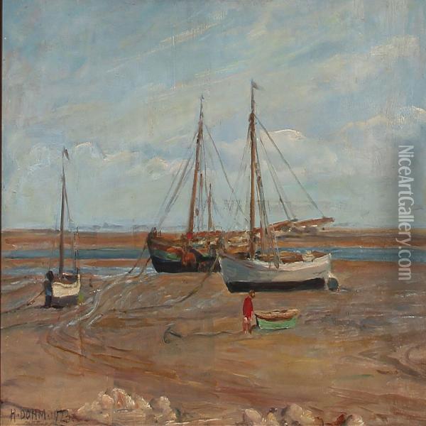 Sailing Boats At Sonderho Beach On Fano, Denmark Oil Painting - Heinrich Dohm