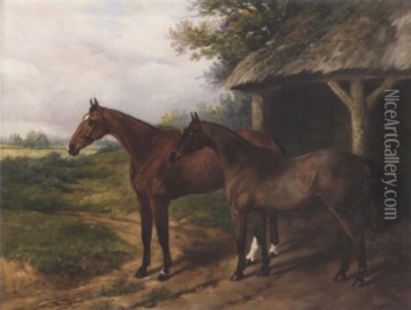 A Chestnut And A Bay Mare Outside A Thatched Stable Oil Painting - Henry Frederick Lucas Lucas