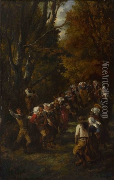 Tanzende Bretonische Bauern Auf Der Waldlichtung Oil Painting - Adolphe Pierre Leleux