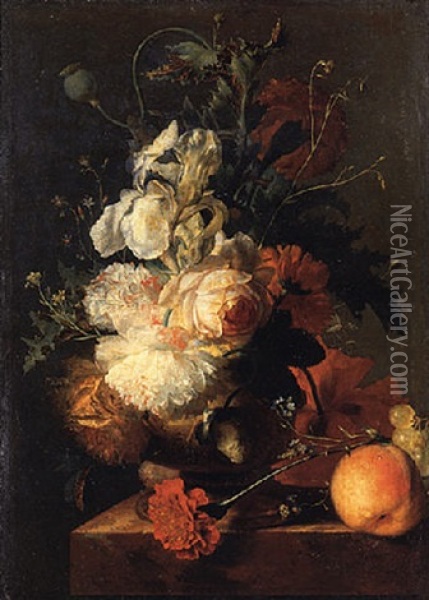A Rose, An Iris, Carnations And Poppies In A Vase With A Peach And Grapes On A Marble Ledge Oil Painting - Jan Van Huysum