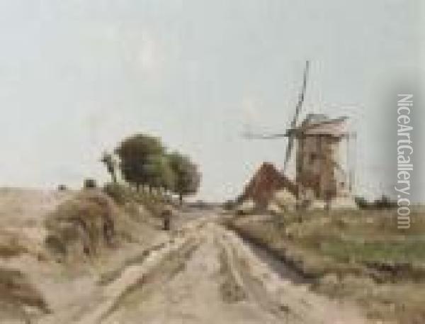 A Peasant Woman Passing A Windmill On A Sunny Day Oil Painting - Isidore Meyers