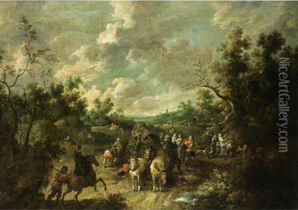 A Wooded Landscape With 
Travellers And A Horse-drawn Wagon Being Ambushed By Brigands And 
Horsemen, A View Of A Church In The Distance Oil Painting - Pieter Snayers