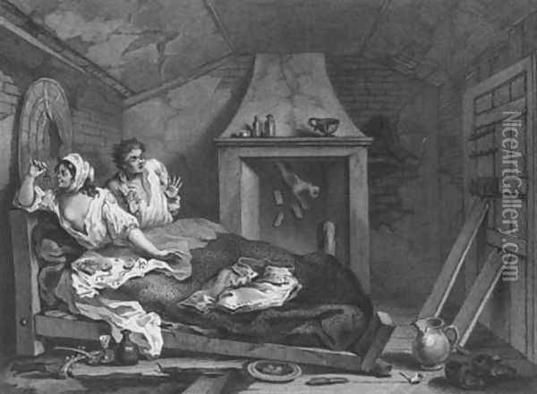 Idle 'Prentice Returned from Sea and in a Garrett with a Common Prostitute Oil Painting - William Hogarth