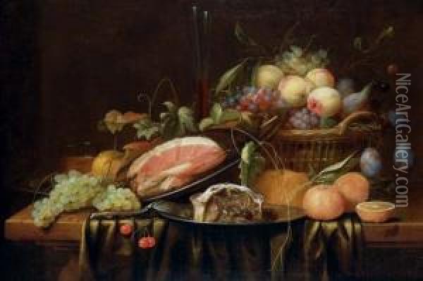 Ham And A Sweetmeat Pie On 
Pewter Plates, Peaches, Grapes, Figs And Plums In A Basket, A Bread 
Roll, Oranges, A Sprig Of Cherries, A Bunch Of Grapes, A Facon-de-venise
 Glass And A Spoon On A Partly-draped Table Oil Painting - Joris Van Son