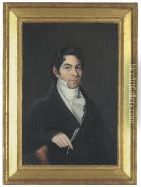Portrait Of A Man In A Black Coat Holding A Quill Oil Painting - Ammi Phillips