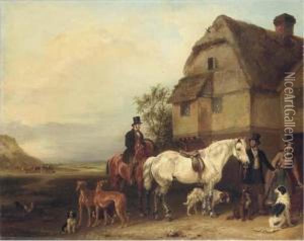 A Sporting Party Outside A House Oil Painting - Edmund Bristow