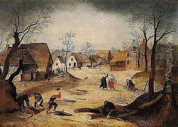 A Village Scene With Figures Chopping And Collecting Firewood In The Foreground, Other Villagers Gathered Outside A Cottage Beyond Oil Painting - Abel Grimmer