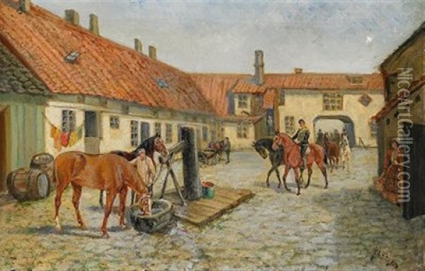 Gardsinterior Med Kavallerister Och Hastar Oil Painting - Johan Georg Arsenius