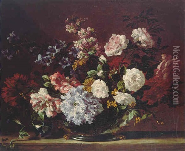 A Still Life Of Hyacinths, Roses, Convolvulus And Other Flowers In A Gilt Mounted Silver Vase On A Stone Ledge Oil Painting - Jean-Baptiste Monnoyer