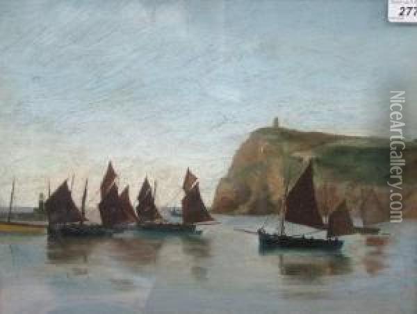 Herring Drifters Beneath A Headland. Oil Painting - Henry Martin