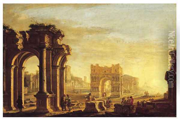 A capriccio of a Mediterranean port with figures amongst classical ruins Oil Painting - Alessandro Salucci