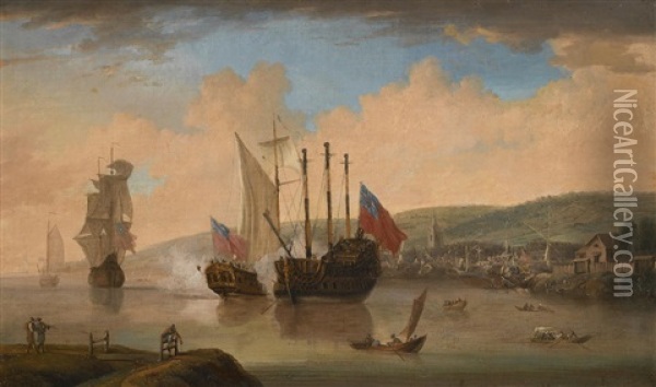 The Old Deptford Shipyard, Firing A Salute Oil Painting - Thomas Luny