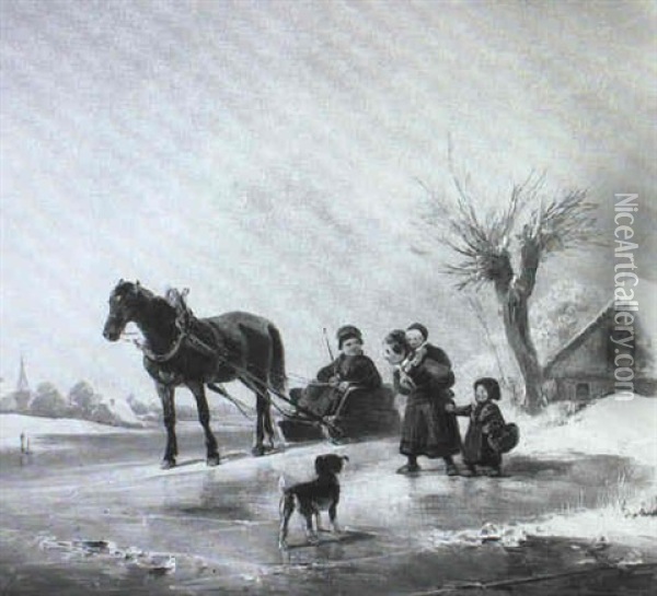 Kinder Mit Ihrem Pferdezugschlitten An Einem Zugefrorenen Flussbett Oil Painting - Wilhelm Alexander Meyerheim