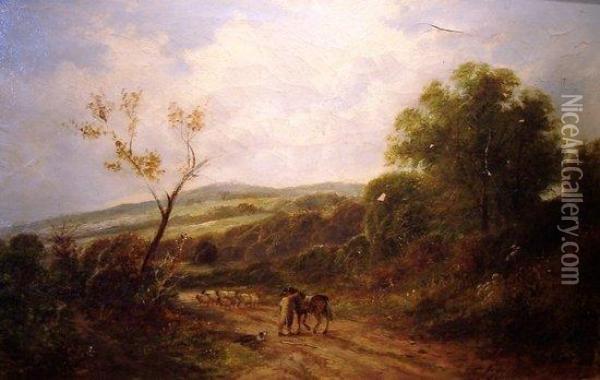 Man With Horse And Sheep On A Country Road Oil Painting - Carl Brennir