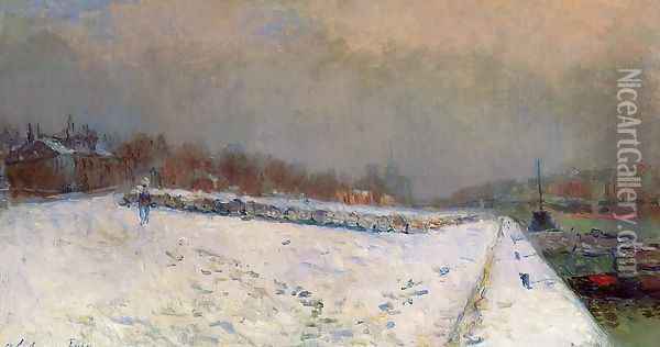 The Port of Bercy, in Winter, Snow Effect Oil Painting - Albert Lebourg