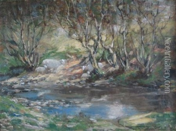 Sheep By The River Oil Painting - George Smith
