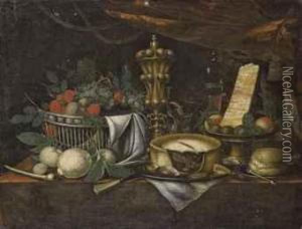 Fruits, Fromages Et Tourte Sur Un Entablement Oil Painting - Juan Van Der Hamen Y Leon