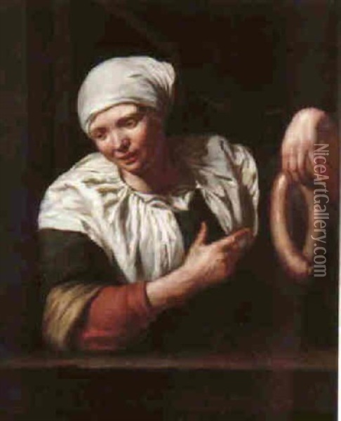 Portrait Of A Young Woman Wearing A Bonnet At A Window, Holding A Sausage Oil Painting - Jan Van Pee