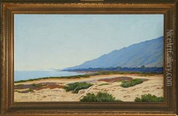 Coastal Scenery From Agaccio, Corsica, With Mountains In The Background Oil Painting - Poul Corona