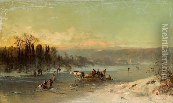 Figures On A Horse Drawn Sledge And Figures Ice Fishing On A Frozen River With A Town Beyond Oil Painting - Thomas Hill