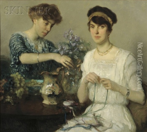 The Artist's Wife And Her Sister Arranging Flowers And Ribbons Oil Painting - Francis Luis Mora