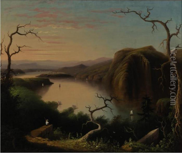 Crow's Nest From Bull Point
 Boy Fishing At Sunset Along The Hudson River Oil Painting - Edmund C. Coates