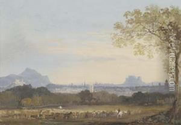 A Distant View Of Edinburgh From
 The North-east Showing The Castle, St Giles Cathedral On The Royal Mile
 And Salisbury Crags Oil Painting - John Laporte