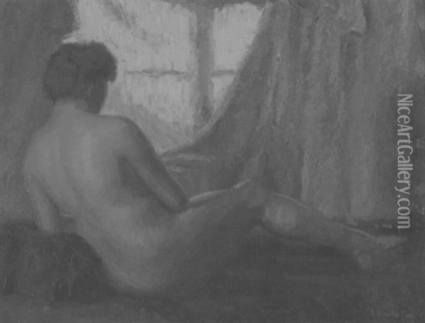 Weiblicher Ruckenakt Vor Einem Sonnendurchfluteten Fenster Oil Painting - Bernhard Klinckerfuss