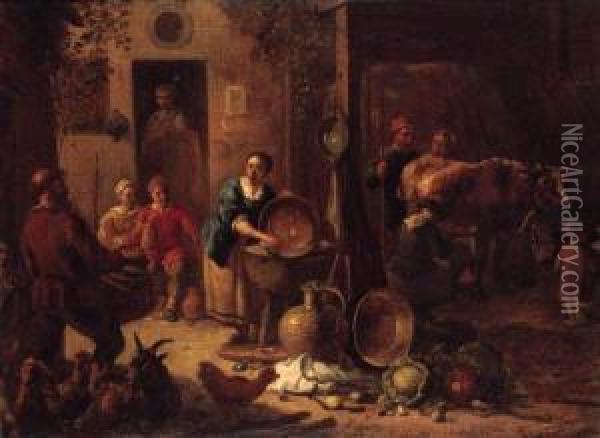 A Peasant Family In A Farmyard With Pots And Pans, Cabbages Andpoultry, A Milkmaid In A Stable Beyond Oil Painting - Gerard Thomas