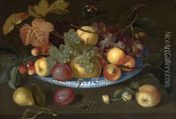 Nature Morte De Prunes, Pommes, Poires Et Cerises Dans Une Coupe De
Delft Posee Sur Une Table Et Entouree D'insectes Oil Painting - Johannes Bosschaert
