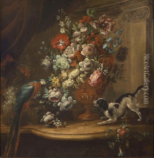 Roses, Tulips, Narcissi And Other Flowers In A Bronze Urn Along With A Spaniel And A Parrot Oil Painting - Giacomo Nani