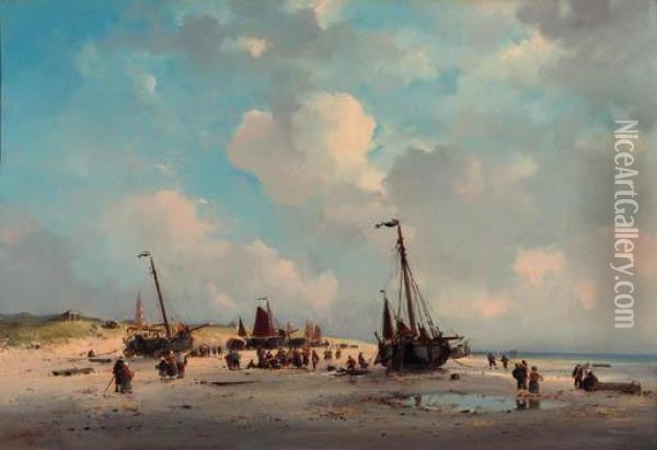 The Daily Catch: A Beachscene In Summer With Fisherfolk And Bomschuiten, Scheveningen Oil Painting - Adrianus David Hilleveld