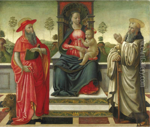 Mainardi, Madonna Col Bambino In Trono Tra San Gerolamo E Sant'antonio Abate Oil Painting - Bastiano Mainardi