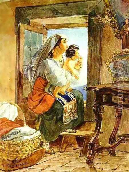Italian Woman with a Child by a Window 1831 Oil Painting - Julia Vajda